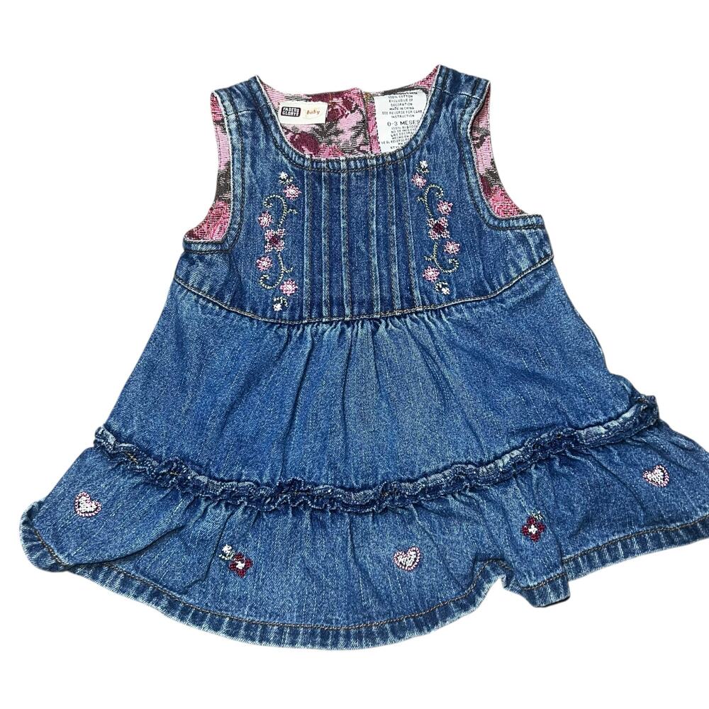 Vintage Faded Glory Baby denim embroidered pink floral tiered dress  0-3 month